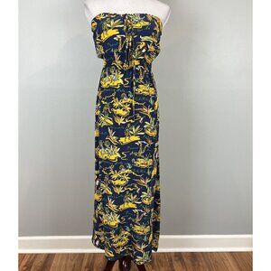 Avanti Silk Hawaiian Strapless Maxi Dress Blue Yellow Size Small
